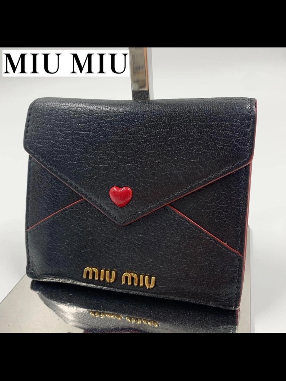 Miu Miu Black Leather Wallet with Red Heart Accent